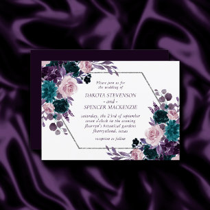 Moody Boho   Eggplant Purple and Teal Rose Wedding Invitation
