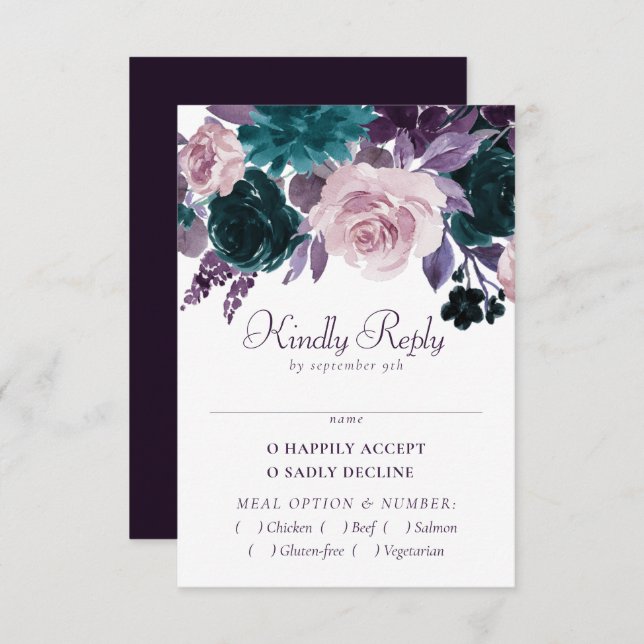Moody Boho | Eggplant Purple Dark Floral Entree RSVP Card (Front/Back)