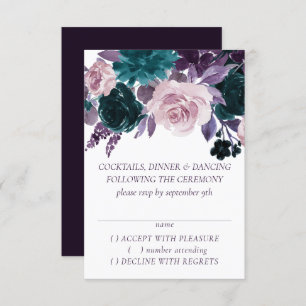 Moody Boho Eggplant Purple Dark Floral Wedding RSVP Card