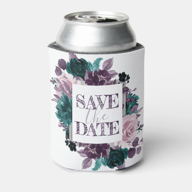 Moody Boho | Eggplant Purple Floral Save the Date Can Cooler (Can Back)