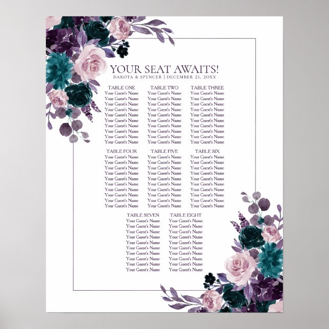 Moody Boho | Eggplant Purple Floral Wreath Seating Poster (Front)