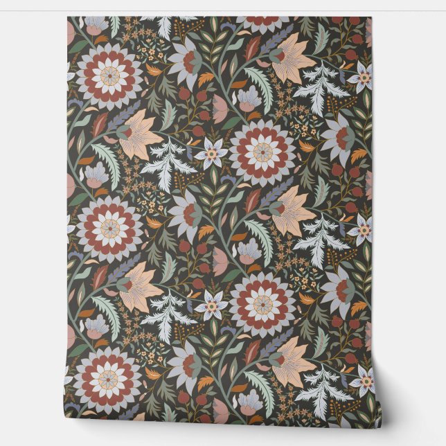 Moody Boho Indian floral with dark grey background Wallpaper (Unrolling)