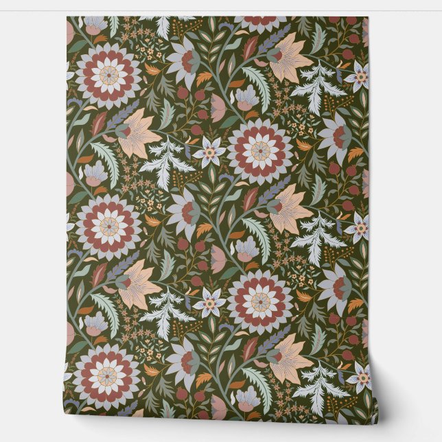 Moody Boho Indian Floral with Green Background Wallpaper (Unrolling)