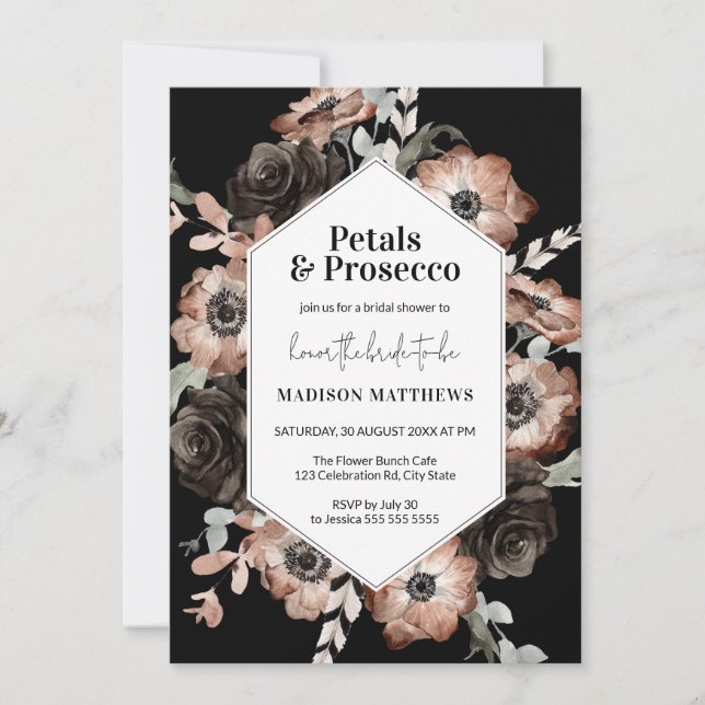 Moody Boho Petals & Prosecco Black Bridal Shower Invitation (Front)