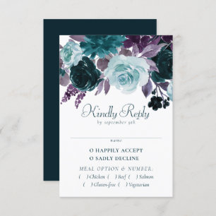 Moody Boho Teal and Eggplant Purple Rose Entree RSVP Card