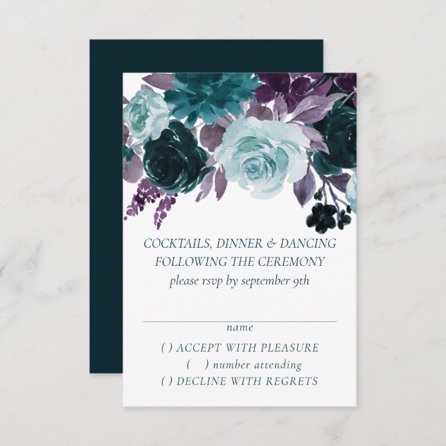 Moody Boho | Teal and Eggplant Purple Rose Floral RSVP Card (Front/Back)