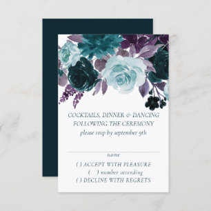Moody Boho Teal and Eggplant Purple Rose Floral RSVP Card