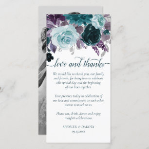 Moody Boho Teal and Eggplant Purple Rose Photo Thank You Card