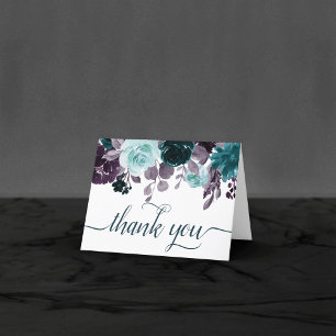 Moody Boho Teal and Eggplant Purple Rose Photo Thank You Card