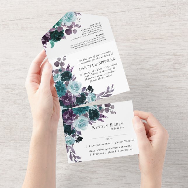 Moody Boho | Teal and Purple Dark Floral Entree All In One Invitation (Tearaway)