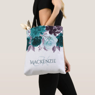 Moody Boho Teal and Purple Floral Garland Custom Tote Bag