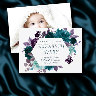 Moody Boho   Teal and Purple Floral Photo Birth Announcement
