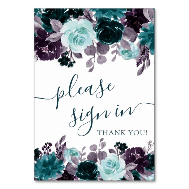 Moody Boho | Teal and Purple Floral Please Sign In Table Number (Front)