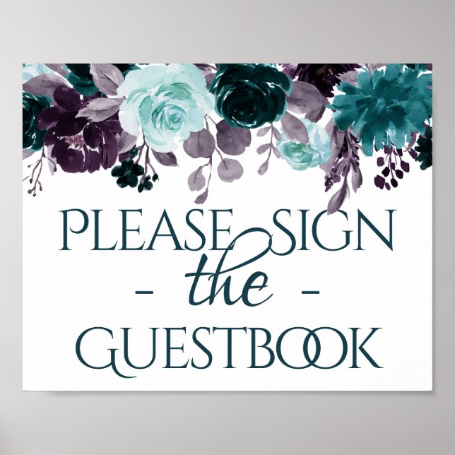 Moody Boho | Teal and Purple Roses Guestbook Sign (Front)