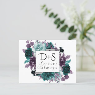 Moody Boho   Teal and Turquoise Dark Floral Wreath Announcement Postcard