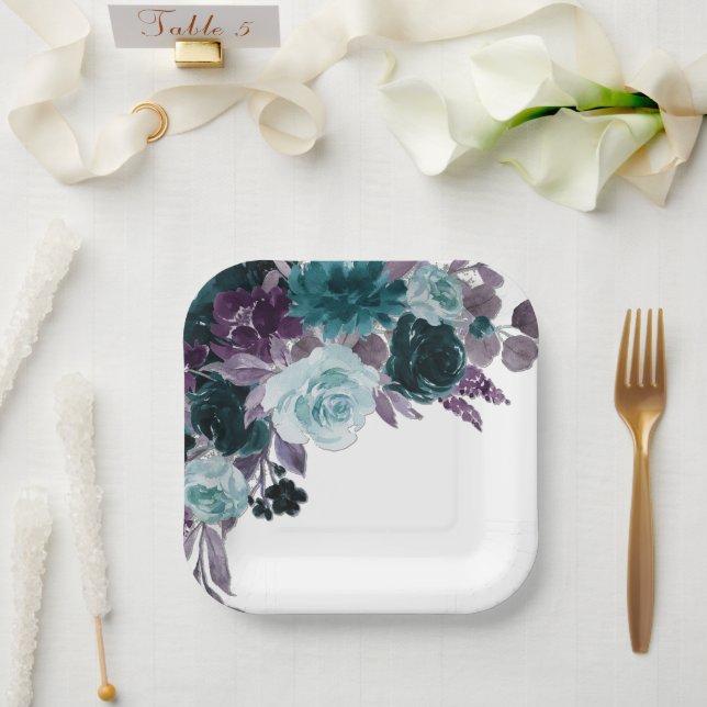 Moody Boho | Teal and Turquoise Floral Bouquet Paper Plate (Wedding)
