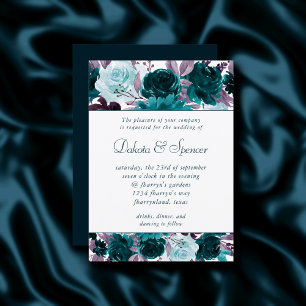 Moody Boho Teal and Turquoise Floral Garland Invitation