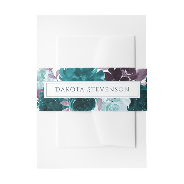 Moody Boho | Teal and Turquoise Floral Garland Invitation Belly Band (Front Example)