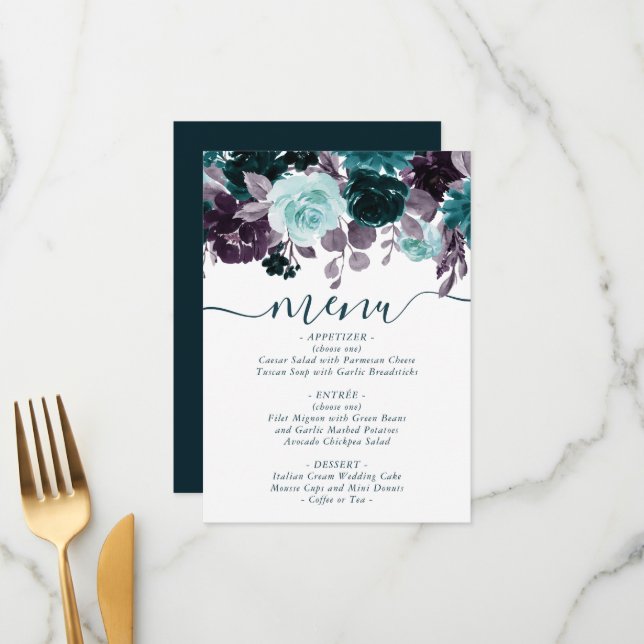 Moody Boho | Teal and Turquoise Floral Garland Menu (Front/Back In Situ)
