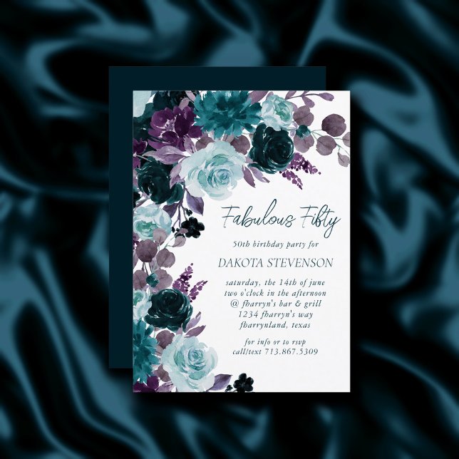 Moody Boho | Teal and Turquoise Wreath Fabulous 50 Invitation (Creator Uploaded)
