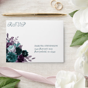 Moody Boho   Teal Dark Floral Bouquet RSVP Address Envelope