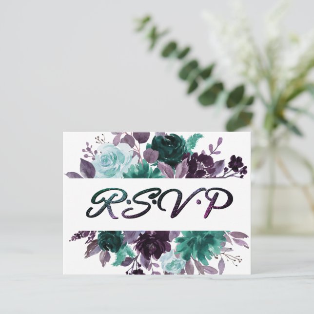 Moody Boho | Teal Floral Garland Frame Entree RSVP Postcard (Standing Front)