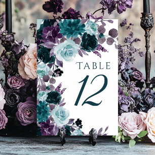 Moody Boho   Teal Turquoise and Purple Floral Table Number