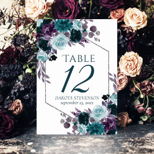 Moody Boho Teal Turquoise Dark Floral Custom Table Number