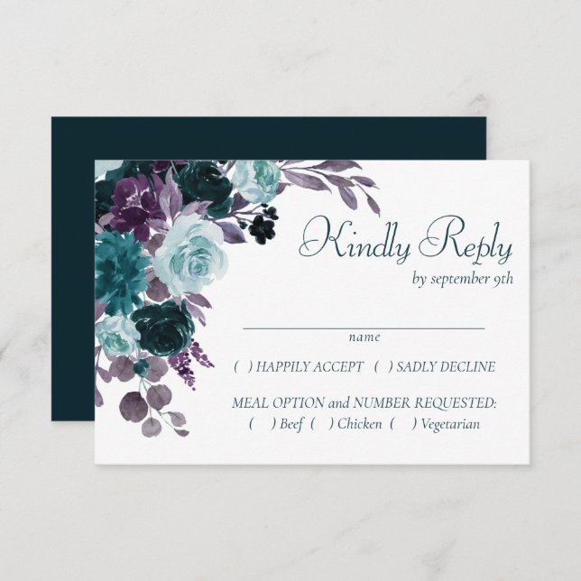 Moody Boho | Teal Turquoise Dark Floral Entree RSVP Card (Front/Back)