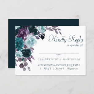 Moody Boho Teal Turquoise Dark Floral Entree RSVP Card
