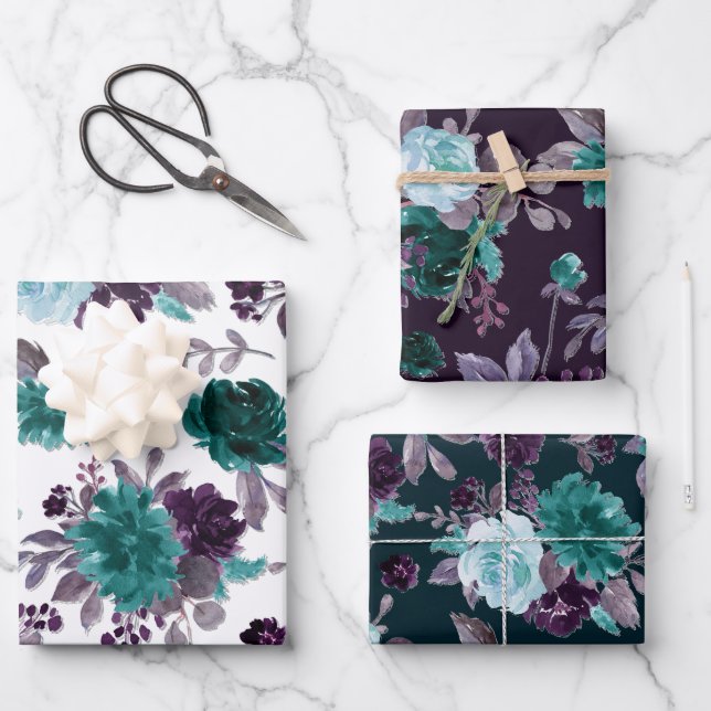 Moody Boho | Teal Turquoise Dark Floral Pattern Wrapping Paper Sheet (Front)