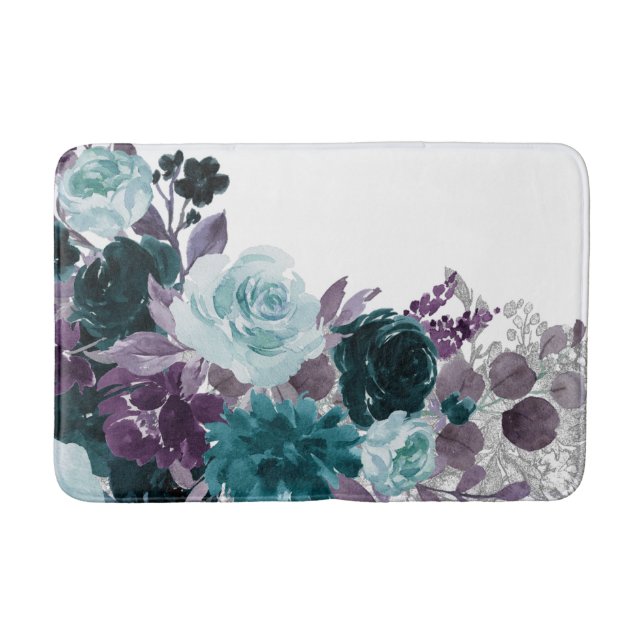 Moody Boho | Teal Turquoise Dark Floral Shimmer Bath Mat (Front)
