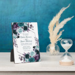 Moody Boho | Teal Turquoise Dark Floral Wedding Plaque<br><div class="desc">Dark and moody gothic-inspired hand-painted wedding keepsake deep turquoise blue, teal, and plum purple watercolor floral wreath garland on an abstract silver frame embellished by botanical laurel and turquoise teal accents. From the "Boho Bloom" collection, this gorgeous layout features your details in a stylish hand-lettered script and a rich Bohemian...</div>