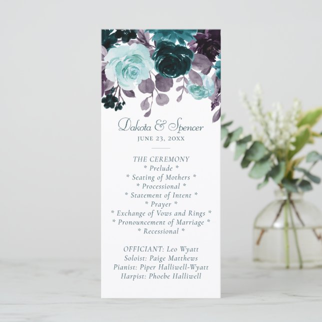 Moody Boho | Teal Turquoise Dark Floral Wedding Programme (Standing Front)
