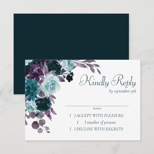 Moody Boho | Teal Turquoise Dark Floral Wedding RSVP Card (Front/Back)