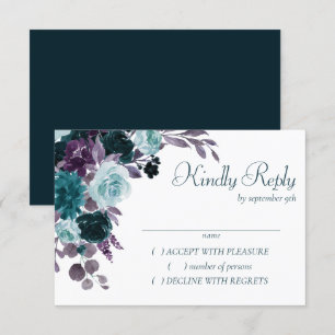 Moody Boho Teal Turquoise Dark Floral Wedding RSVP Card
