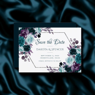 Moody Boho Teal Turquoise Dark Floral Wedding Save The Date