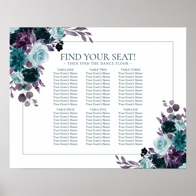 Moody Boho | Teal Turquoise Floral Seating Chart (Front)