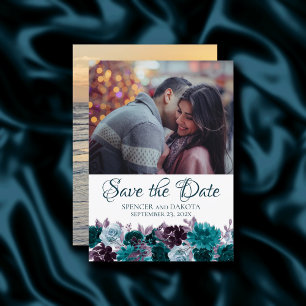 Moody Boho Teal Turquoise Purple Floral 2 Photo Save The Date