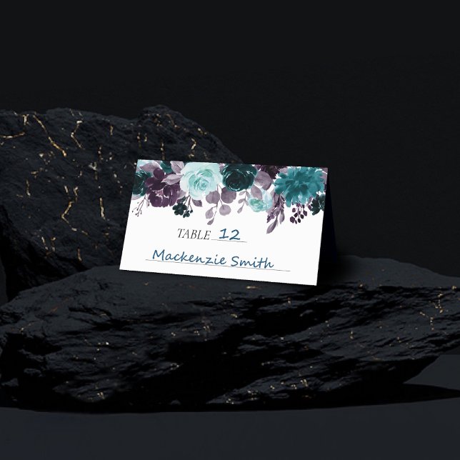 Moody Boho | Teal Turquoise Purple Floral Garland Place Card (Creator Uploaded)