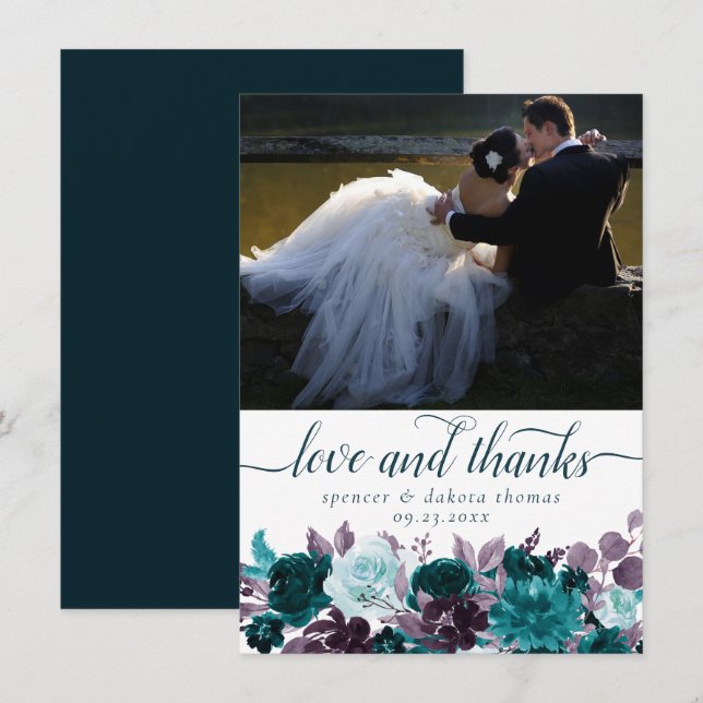 Moody Boho | Teal Turquoise Purple Photo Love and Thank You Card (Front/Back)