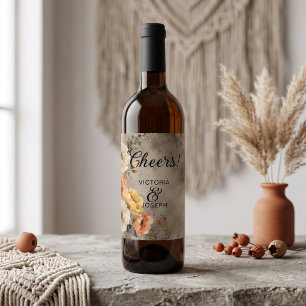 Moody Boho Terracotta Floral Gold Splatter Wedding Wine Label