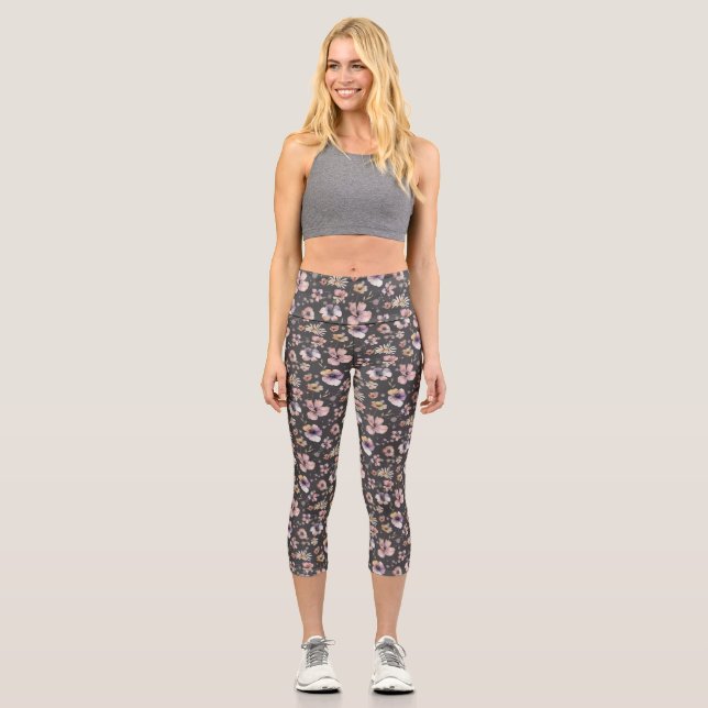 Moody Boho Watercolor Blush Wildflowers Pattern  Capri Leggings (Front)