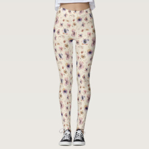 Moody Boho Watercolor Blush Wildflowers Pattern Leggings