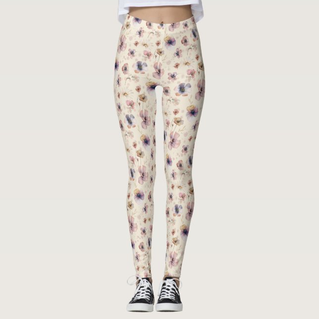 Moody Boho Watercolor Blush Wildflowers Pattern  Leggings (Front)