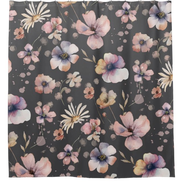 Moody Boho Watercolor Blush Wildflowers Pattern  Shower Curtain (Front)