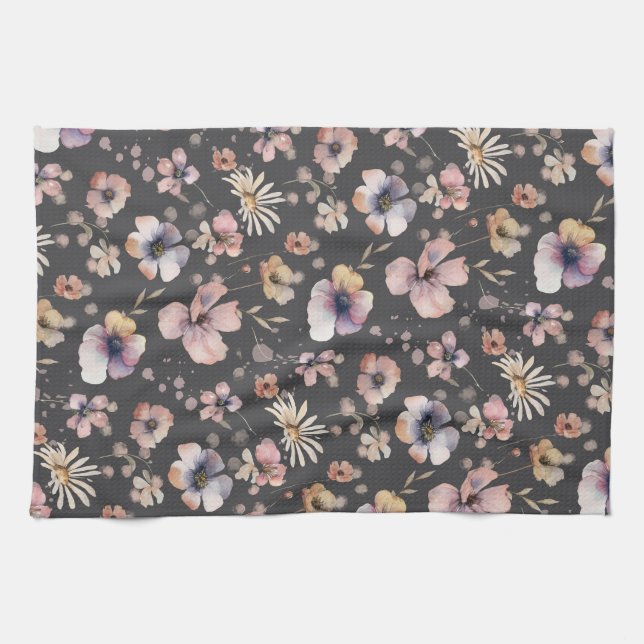 Moody Boho Watercolor Blush Wildflowers Pattern  Tea Towel (Horizontal)