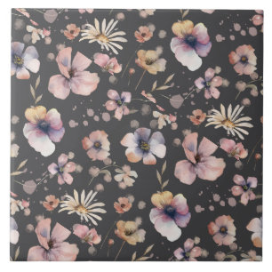 Moody Boho Watercolor Blush Wildflowers Pattern Tile