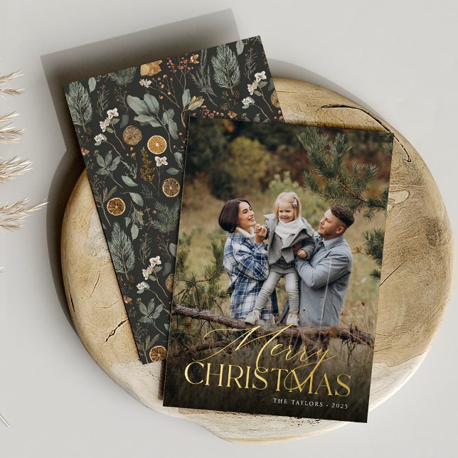 Moody Botanical Vertical Photo Gold Foil Holiday Card (Creator Uploaded)