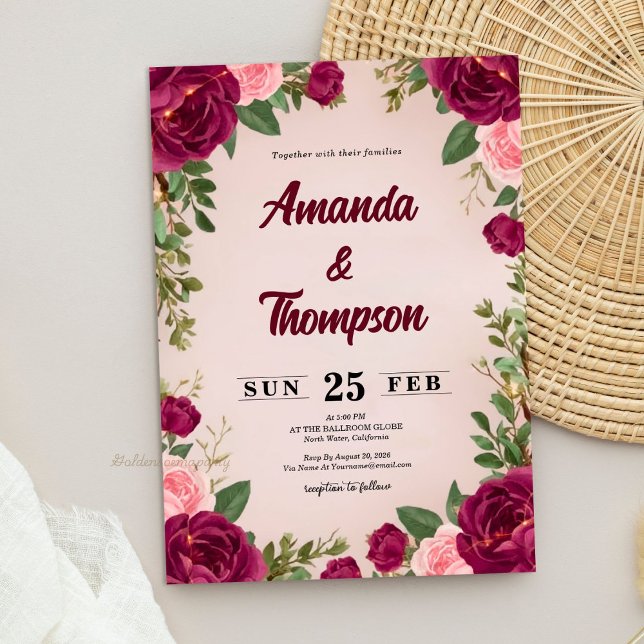 Moody Burgundy and Blush Floral Wedding Invitation (Moody Burgundy and Blush Floral Wedding Invitation)